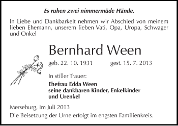 Traueranzeige von Bernhard Ween von Mitteldeutsche Zeitung Merseburg/Querfurt