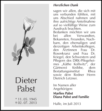 Traueranzeige von Dieter Pabst von Mitteldeutsche Zeitung Halle/Saalkreis