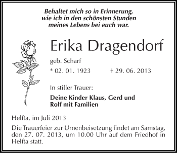 Traueranzeige von Erika Dragendorf von Mitteldeutsche Zeitung Mansfelder Land