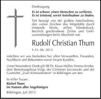 Traueranzeige von Rudolf Christian Thum von Mitteldeutsche Zeitung Mansfelder Land