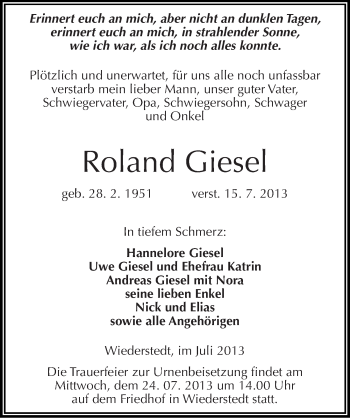Traueranzeige von Roland Giesel von Mitteldeutsche Zeitung Mansfelder Land