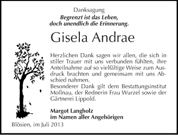 Traueranzeige von Gisela Andrae von Mitteldeutsche Zeitung Merseburg/Querfurt