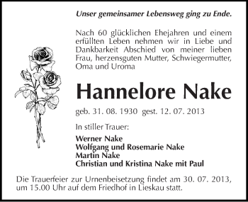 Traueranzeige von Hannelore Nake von Mitteldeutsche Zeitung Halle/Saalkreis