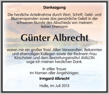 Traueranzeige von Günter Albrecht von Mitteldeutsche Zeitung Halle/Saalkreis