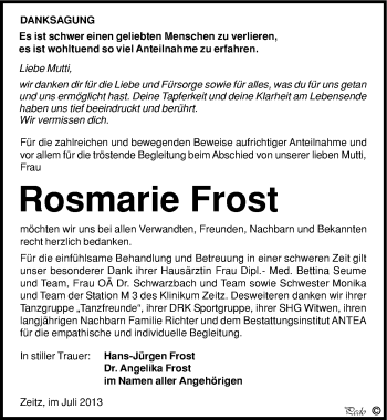 Traueranzeige von Rosmarie Frost von Mitteldeutsche Zeitung Zeitz
