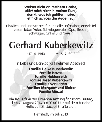 Traueranzeige von Gerhard Kuberkewitz von Mitteldeutsche Zeitung Mansfelder Land