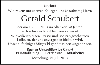 Traueranzeige von Gerald Schubert von Mitteldeutsche Zeitung