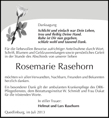 Traueranzeige von Rosemarie Rasehorn von Mitteldeutsche Zeitung Quedlinburg
