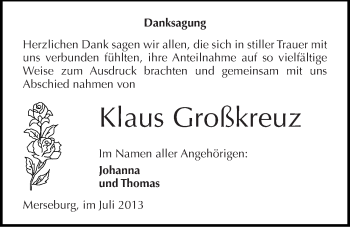 Traueranzeige von Klaus Großkreuz von Mitteldeutsche Zeitung Merseburg/Querfurt