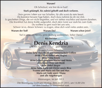 Traueranzeige von Denis Kendzia von Mitteldeutsche Zeitung Naumburg/Nebra