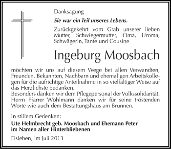 Traueranzeige von Ingeburg Moosbach von Mitteldeutsche Zeitung Mansfelder Land