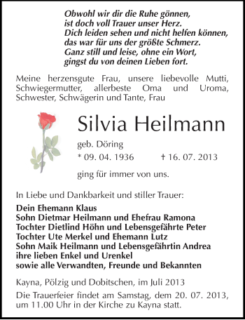 Traueranzeige von Silvia Heilmann von Mitteldeutsche Zeitung Zeitz