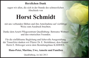 Traueranzeige von Horst Schmidt von Mitteldeutsche Zeitung Quedlinburg