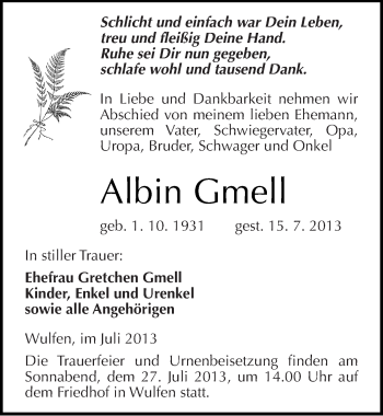 Traueranzeige von Albin Gmell von Mitteldeutsche Zeitung Köthen