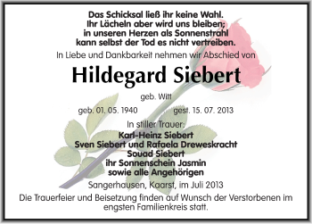 Traueranzeige von Hildegard Siebert von Mitteldeutsche Zeitung Sangerhausen