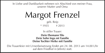 Traueranzeige von Margot Frenzel von Mitteldeutsche Zeitung Bitterfeld