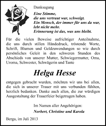 Traueranzeige von Helga Hesse von Mitteldeutsche Zeitung Sangerhausen