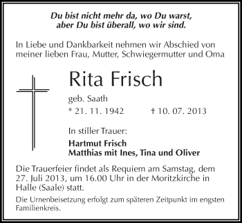 Traueranzeige von Rita Frisch von Mitteldeutsche Zeitung Halle/Saalkreis