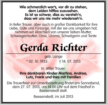 Traueranzeige von Gerda Richter von Mitteldeutsche Zeitung Halle/Saalkreis