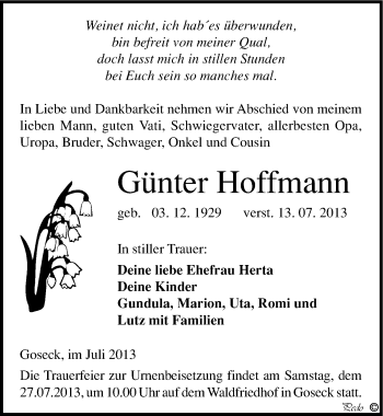 Traueranzeige von Günter Hoffmann von Mitteldeutsche Zeitung Weißenfels