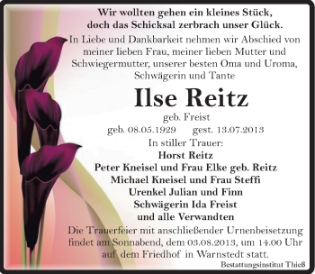 Traueranzeige von Ilse Reitz von Mitteldeutsche Zeitung Quedlinburg