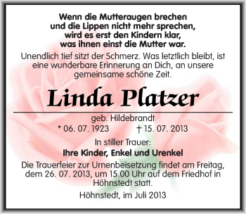 Traueranzeige von Linda Platzer von Mitteldeutsche Zeitung Halle/Saalkreis