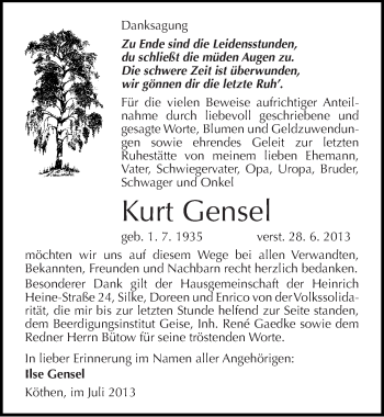 Traueranzeige von Kurt Gensel von Mitteldeutsche Zeitung Köthen