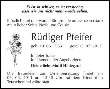 Traueranzeige von Rüdiger Pfeifer von Mitteldeutsche Zeitung Halle/Saalkreis
