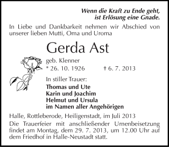 Traueranzeige von Gerda Ast von Mitteldeutsche Zeitung Halle/Saalkreis