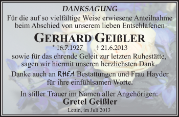 Traueranzeige von Gerhard Geißler von Mitteldeutsche Zeitung Halle/Saalkreis