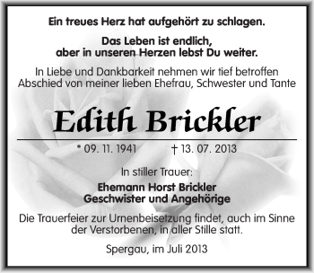 Traueranzeige von Edith Brickler von Mitteldeutsche Zeitung Merseburg/Querfurt