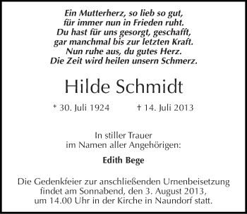 Traueranzeige von Hilde Schmidt von Mitteldeutsche Zeitung Halle/Saalkreis