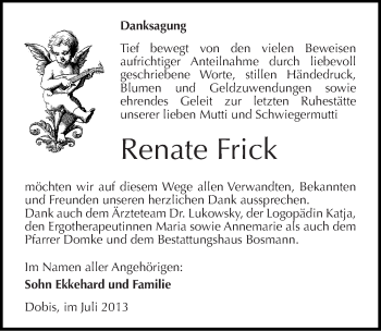 Traueranzeige von Renate Frick von Mitteldeutsche Zeitung Halle/Saalkreis