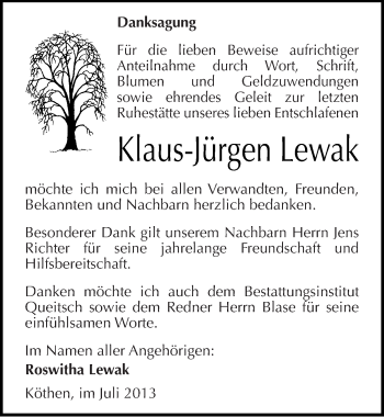 Traueranzeige von Klaus-Jürgen Lewak von Mitteldeutsche Zeitung Köthen
