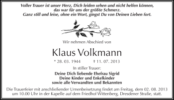Traueranzeige von Klaus Volkmann von Mitteldeutsche Zeitung Wittenberg