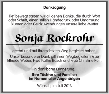 Traueranzeige von Sonja Rockrohr von Mitteldeutsche Zeitung Merseburg/Querfurt