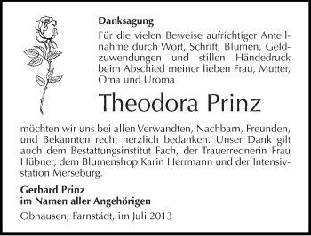 Traueranzeige von Theodora Prinz von Mitteldeutsche Zeitung Merseburg/Querfurt