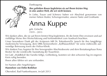 Traueranzeige von Anna Kuppe von Mitteldeutsche Zeitung Sangerhausen