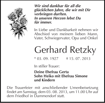 Traueranzeige von Gerhard Retzky von Mitteldeutsche Zeitung Halle/Saalkreis