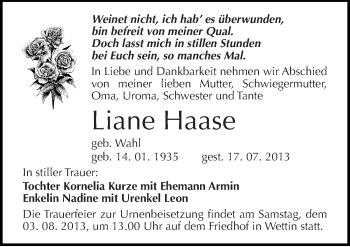 Traueranzeige von Liane Haase von Mitteldeutsche Zeitung Halle/Saalkreis
