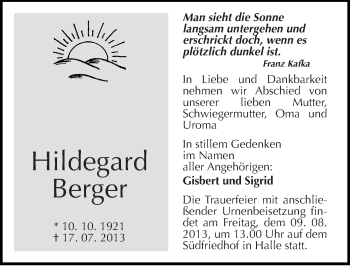 Traueranzeige von Hildegard Berger von Mitteldeutsche Zeitung Halle/Saalkreis