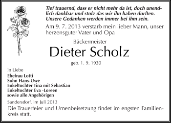 Traueranzeige von Dieter Scholz von Mitteldeutsche Zeitung Bitterfeld