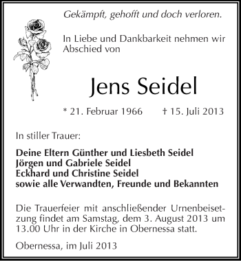 Traueranzeige von Jens Seidel von Mitteldeutsche Zeitung Weißenfels