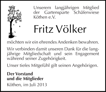 Traueranzeige von Fritz Völker von Mitteldeutsche Zeitung Köthen