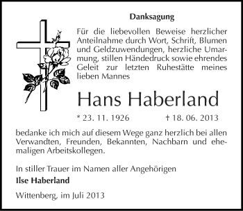 Traueranzeige von Hans Haberland von Mitteldeutsche Zeitung Wittenberg