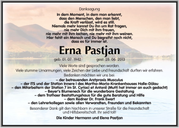 Traueranzeige von Erna Pastjan von Mitteldeutsche Zeitung Halle/Saalkreis