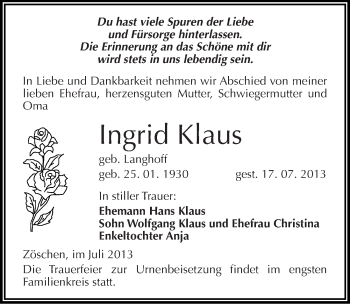 Traueranzeige von Ingrid Klaus von Mitteldeutsche Zeitung Merseburg/Querfurt