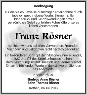 Traueranzeige von Franz Rösner von Mitteldeutsche Zeitung Köthen