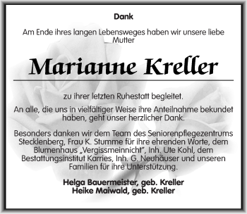 Traueranzeige von Marianne Kreller von Mitteldeutsche Zeitung Quedlinburg