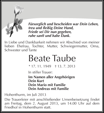 Traueranzeige von Beate Taube von Mitteldeutsche Zeitung Halle/Saalkreis